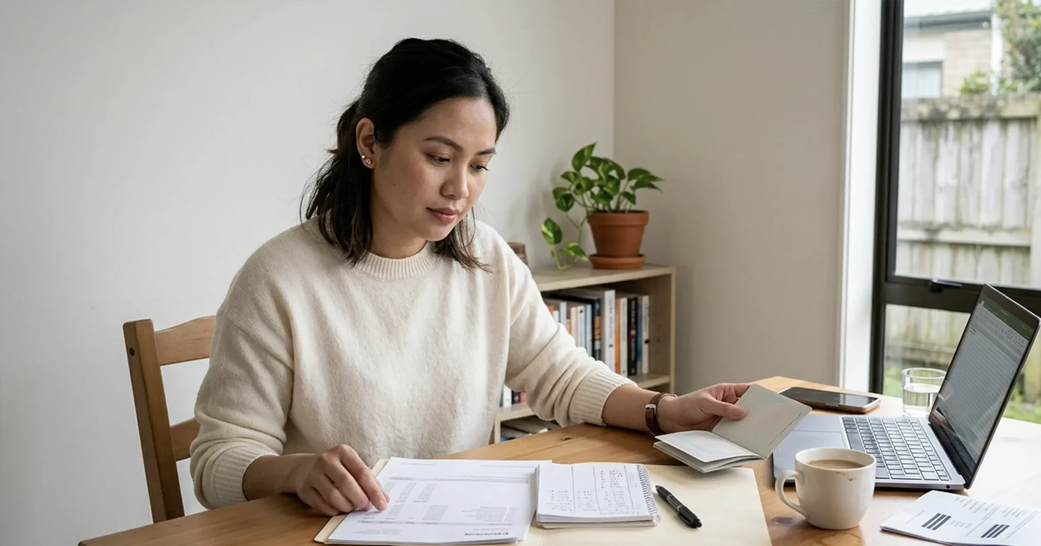Work visa holder checking loan options on a phone at home in NZ, Moola